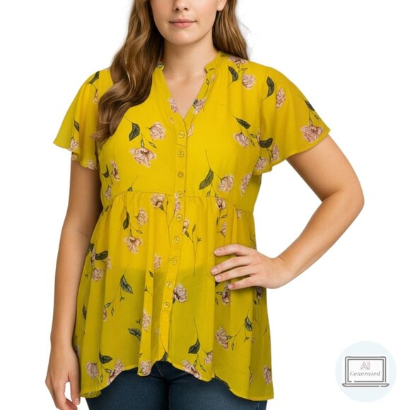 Torrid Womens Lexie Babydoll Chiffon Tunic Yellow Floral Hi-lo Plus SIze 1| 1X - Picture 1 of 13